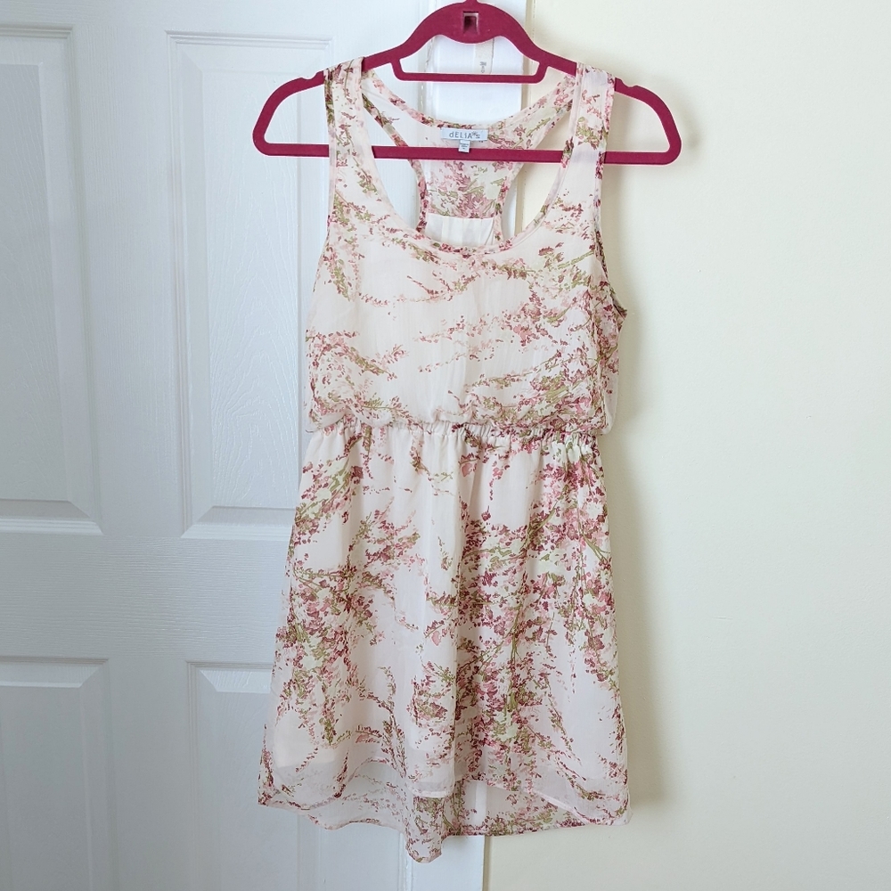 dELiA*s Floral Sheer Overlay Chiffon High Low Dress - Cream and Pink